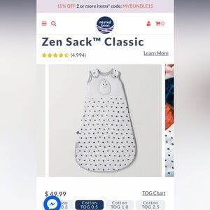 New in Box Nested Bean Weighted Zen Sack - Classic